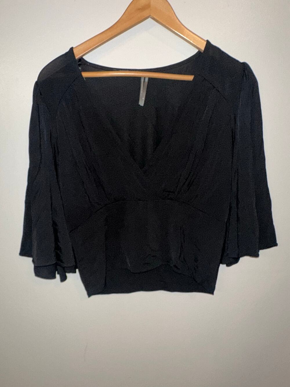 By Anthropologie Black Deep V Flutter Sleeve Blouse Top Size M